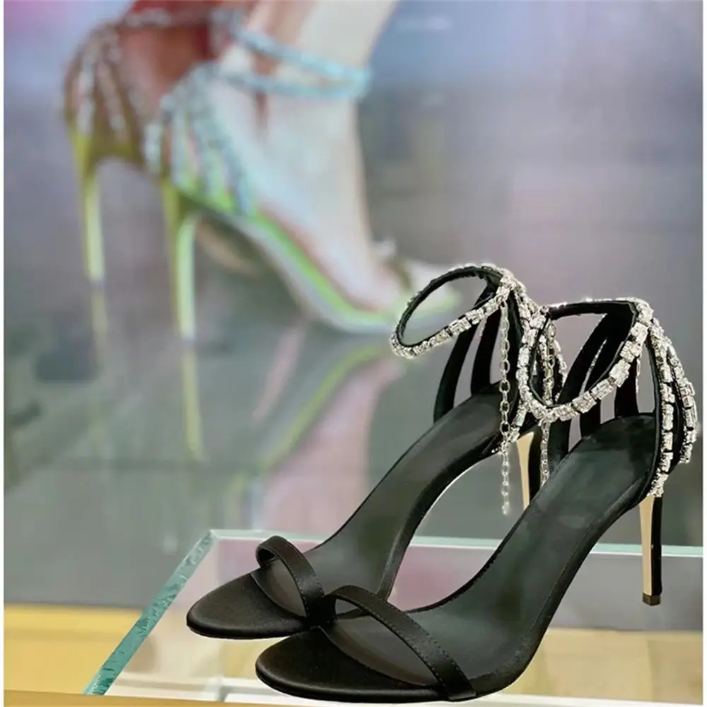 

Summer Black Soft Silk Woman Sandals Crystal One Word Belt Hollow Ankle Strap Open Toe Rhinestone Fringe Stiletto Heel Shoes