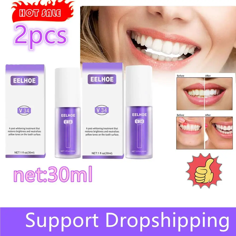

2X EELHOE V34 Toothpaste Repair Teeth Whitening Cleansing Stains Oral Cleaning Purple Orange Colour Corrector Toothpaste 2024 Ne