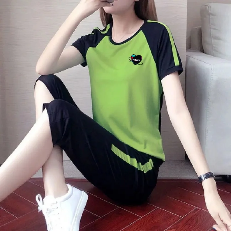 Women Summer Casual Sports Suit Loose Short-Sleeved Cropped Pants Plus Size Running Suit Two-Piece Set