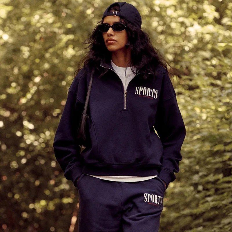 

24 Early Spring New North American Niche Sporty&Rich Zipper Half High Neck Letter Print Women's Fleece Hoodie