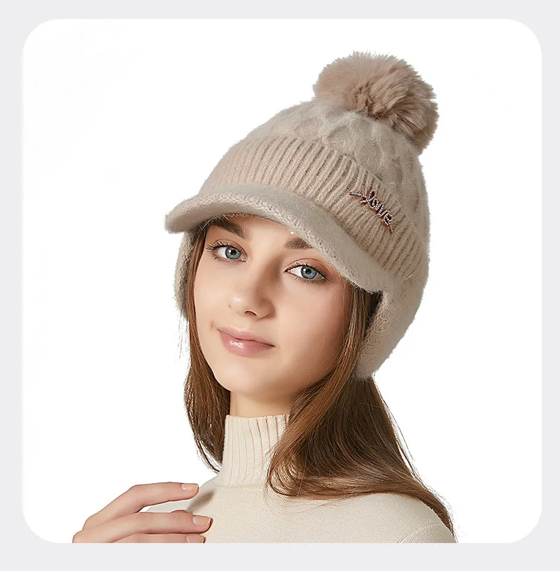 Tykke kanin høreværn Baseball kvinders vinter udendørs kuldesikret varmt hår Bolde strikket kasket Skullies Beanies_voghion.com