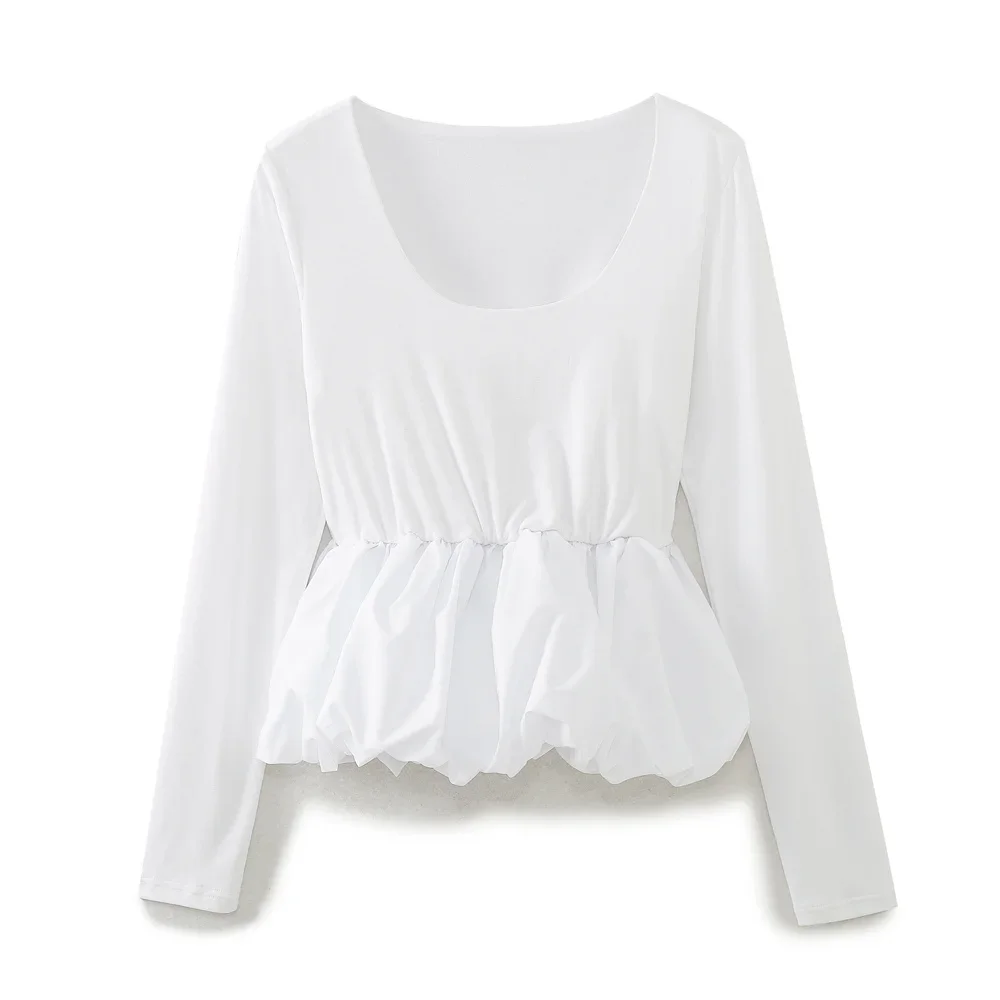 

Women's clothing 2024 new fashion short skirt style hem splicing O Neck pleated top retro long sleeved women's shirt chic top