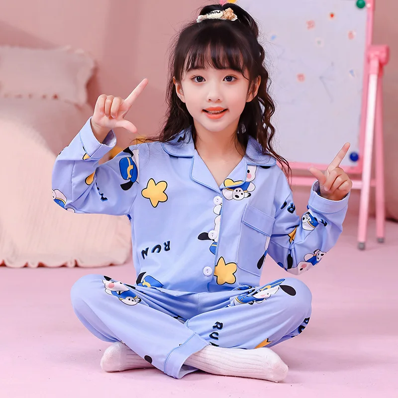 아동용 봄가을 얇은 칼라 여아 카툰 캐주얼 파자마 여아 홈웨어 세트