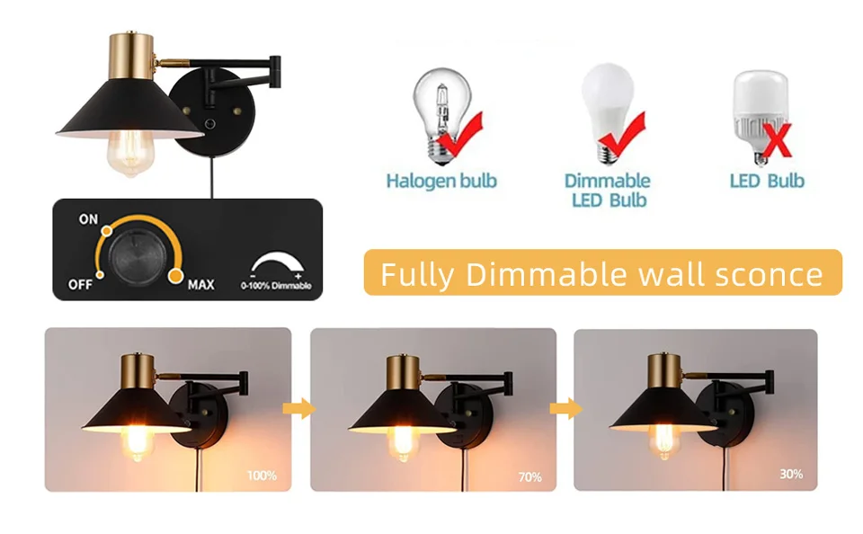 aisilan lâmpada de parede interior pode ser escurecido metal braço oscilante plug in arandela de parede preta com interruptor para hotel de cabeceira