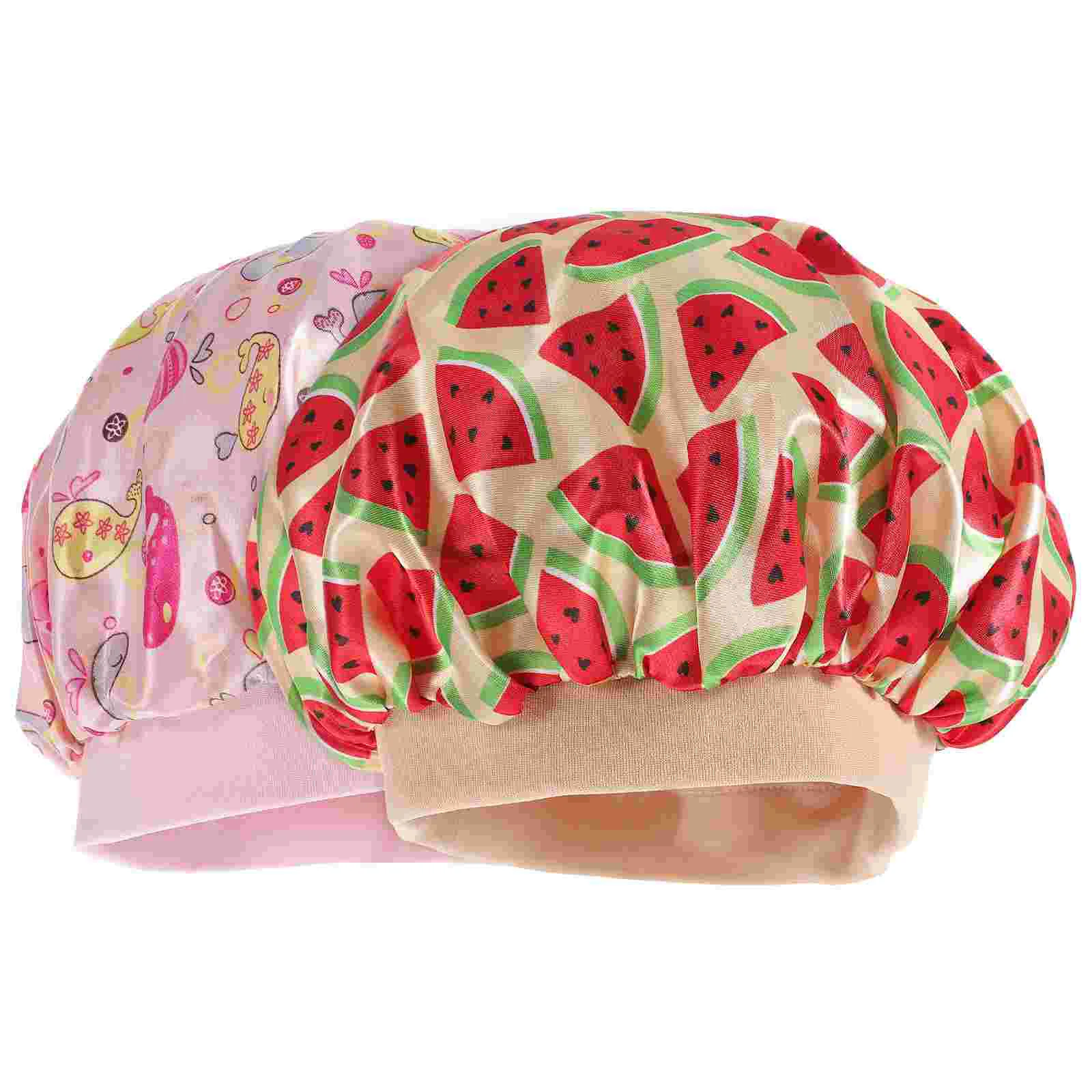 

2pcs Kids Night Printing Night Hat Sleeping Satin Head Cover Bathing Shower for Home Travel