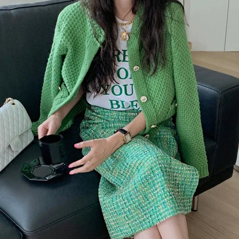 Spring/Autumn Korean Women's Skirt Two-piece Tweed Dress + Long Sleeve Sweater Cardigan Set Elegant Two-piece Set Mid Length