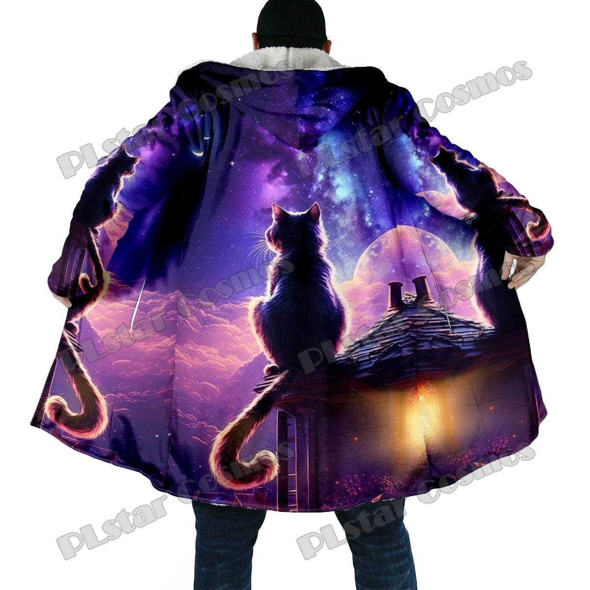 Winter Fashion Men's cloak Animal Cat Retro Pattern 3D Printed Thick Fleece Hooded Cloak Unisex Casual Warm Cape Coat DP70