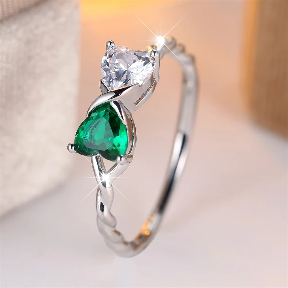 Green Crystal White Zircon Double Heart Stone Bowknot Rings For Women Rose Gold Silver Color Wedding Jewelry Valentines Day Gift