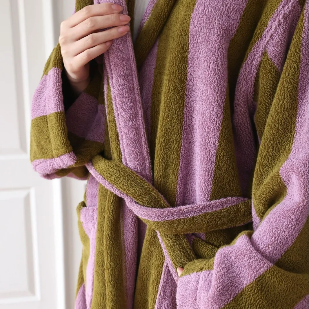 Retro Striped Female Hooded Bathrobe Terry Towel Long Robe Sleepwear Autumn Combed Cotton Nightwear Loungewear Loose Homewear
