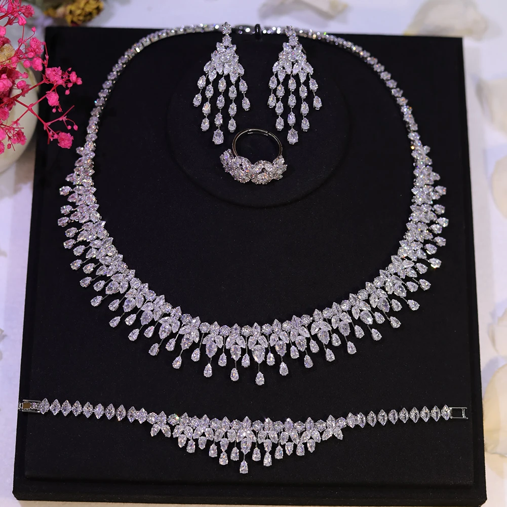 

Sparkling 4pcs Bridal Zirconia Full Jewelry Sets For Women Party, Luxury Dubai Nigeria Wedding Bridesmaids Accessories