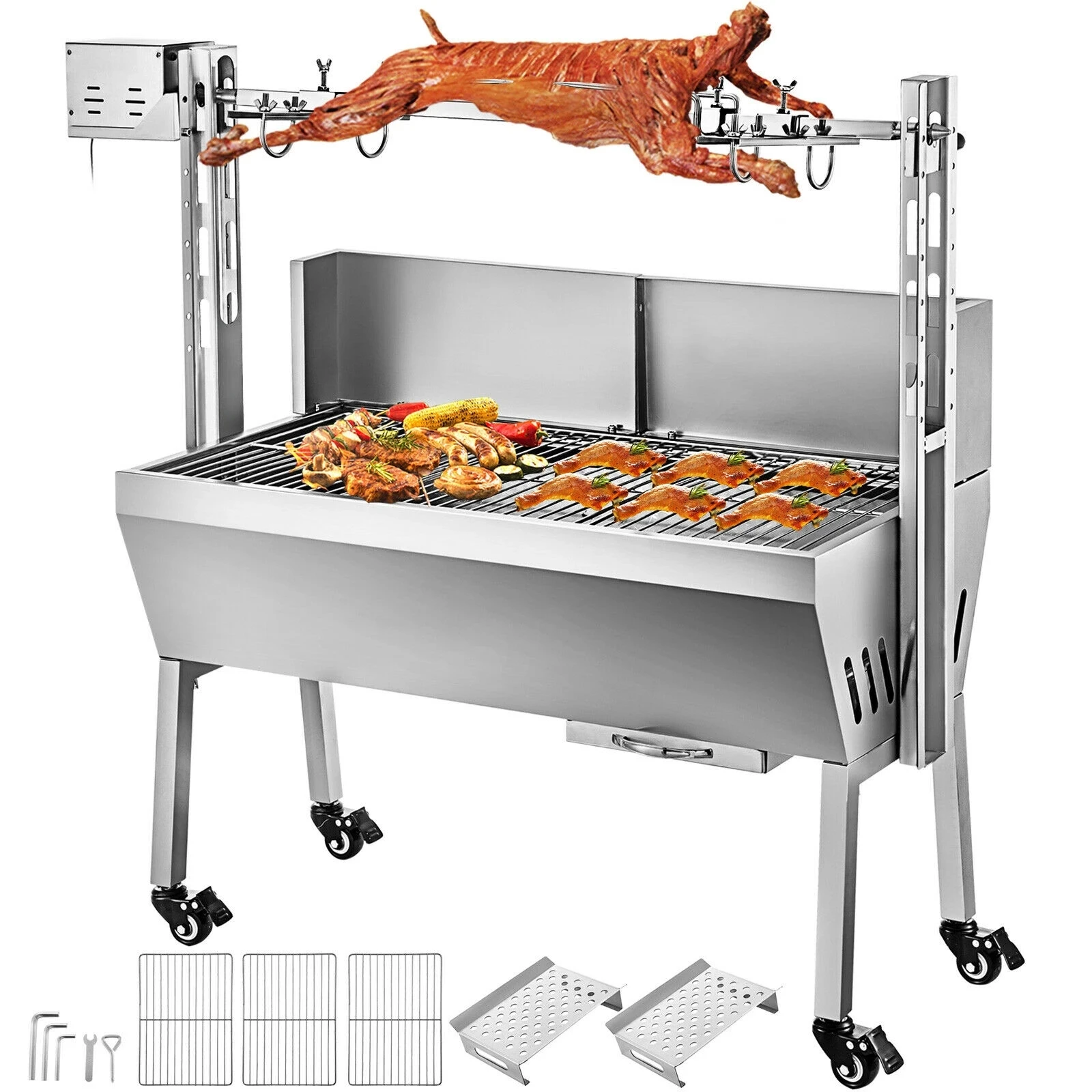 

Rotating Grill 60kg 132Lbs Electric 25W Large Stainless Steel BBQ Pig Lamb Chicken Spit Roaster
