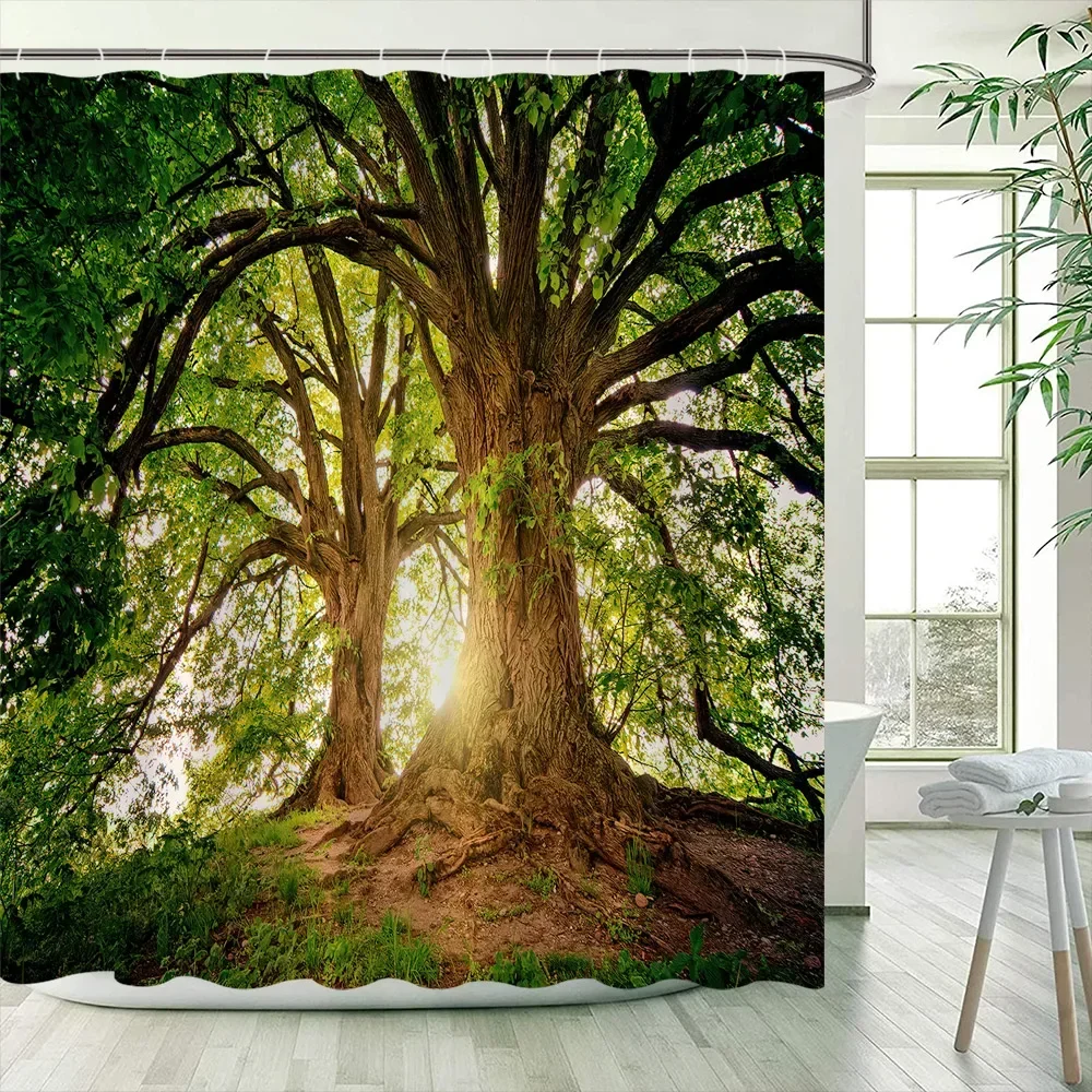

Forest Landscape Shower Curtains Sunshine Trees Spring Nature Scenery Garden Wall Hanging Polyester Bathroom Decor with Hooks