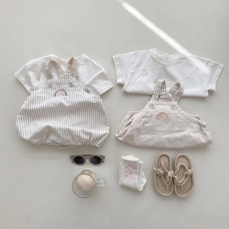 Summer Newborn Infant Baby Girls Boy Streak Romper Muslin Sleeveless Rainbow Rompers T-shirt Kids Onepiece Fashion Baby Clothing 6