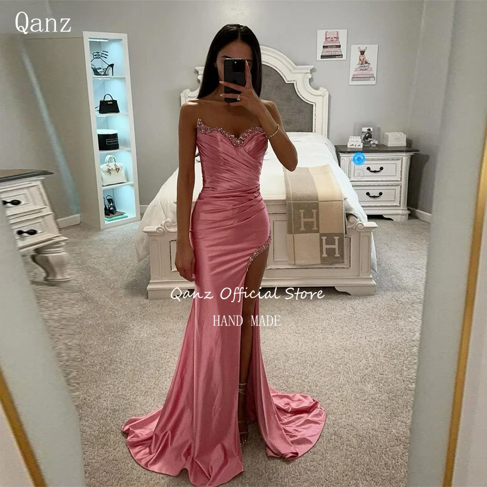

Qanz Sexy Satin Evening Dresses Sweetheart Glitter High Side Slit Floor Length Prom Dresses Lace Up Back Vestidos De Gala 2024