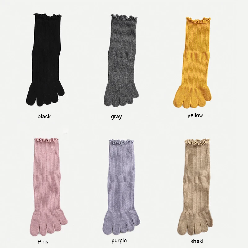 5 Pairs High Quality Cotton Solid Ruffle Socks with Toes Women Ladies Korean Style Fashion Frilly Anti-Friction Five Finger Sock
