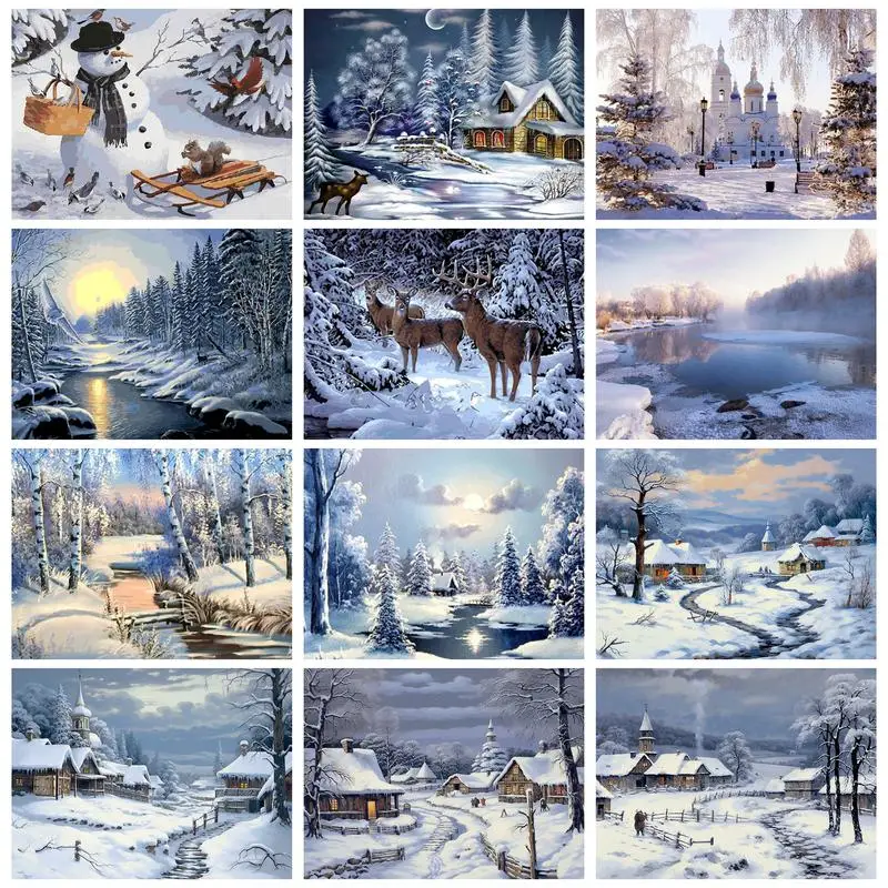 

RUOPOTY Winter Picture Diy Painting By Numbers Kits For Adults Landscape Snow Countryside Wall Art Picture For Home Decors