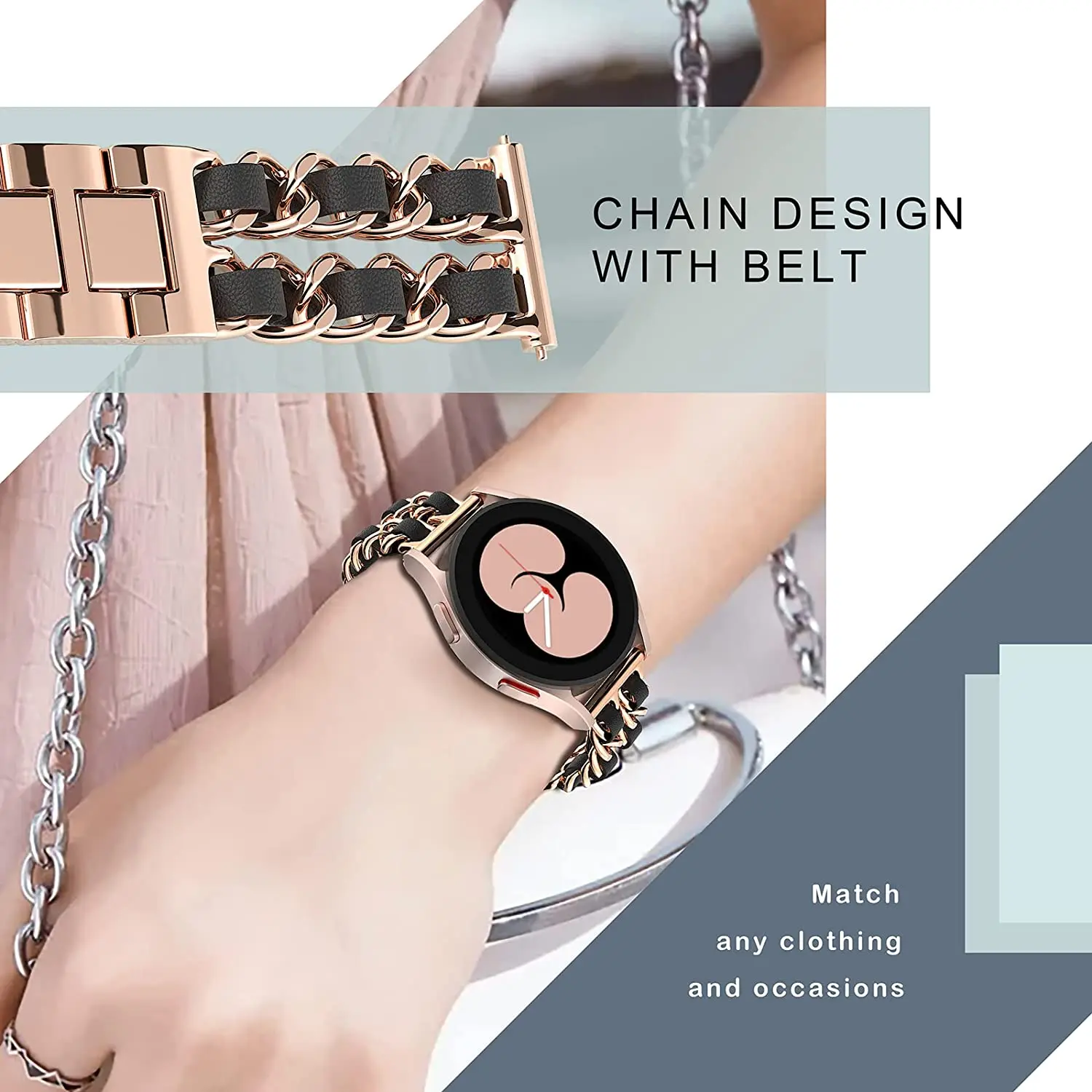 Leather and Metal Link Bracelet Watch Strap, 20mm/22mm Band