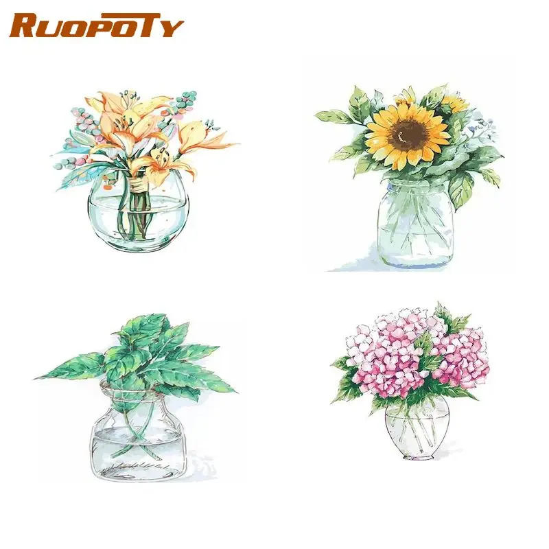 

RUOPOTY DIY Pictures By Number Flower in vase Kits Home Decor Painting By Numbers White Drawing On Canvas HandPainted Art Gift