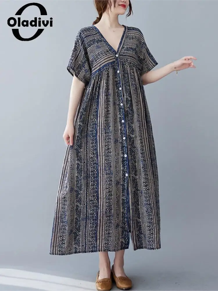 

Oladivi Fashion Print Cotton Linen Dress for Women 2022 Summer New Vintage Ladies Oversized Long Dresses Vestidios Robe 9572 4XL