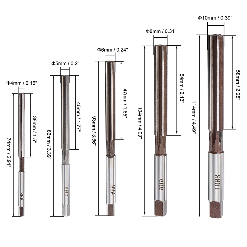 5pcs H8 Hand Reamers Set 4mm 5mm 6mm 8mm 10mm Accuracy Carbon Tool Steel 6 Flutes Straight Shank Milling Cutter Tool Uxcell