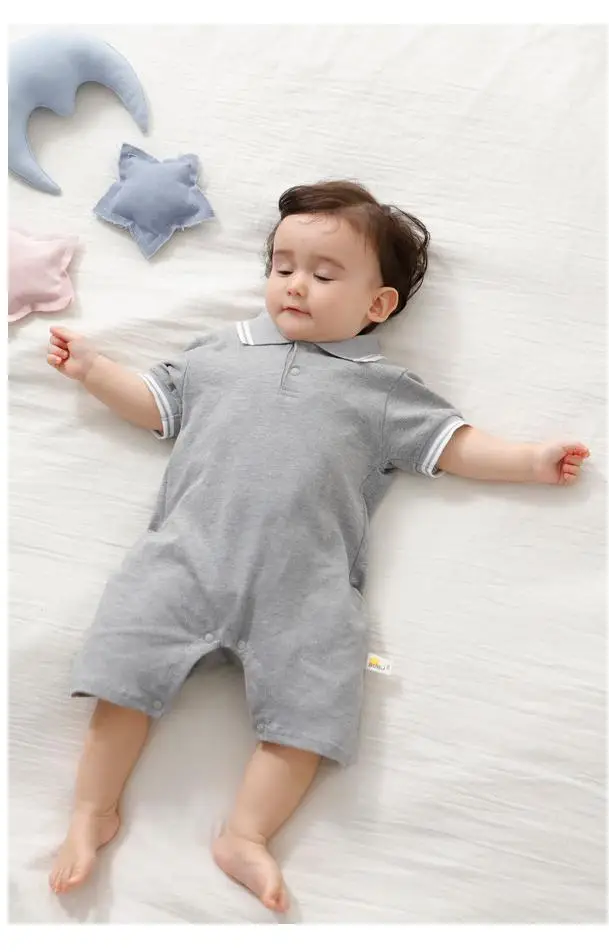 New Baby Boys And Girls Summer Gentleman Newborn Romper Lapel Short-sleeved Bodysuit Unisex Jumpsuit Cotton Solid Color Casual black baby bodysuits	