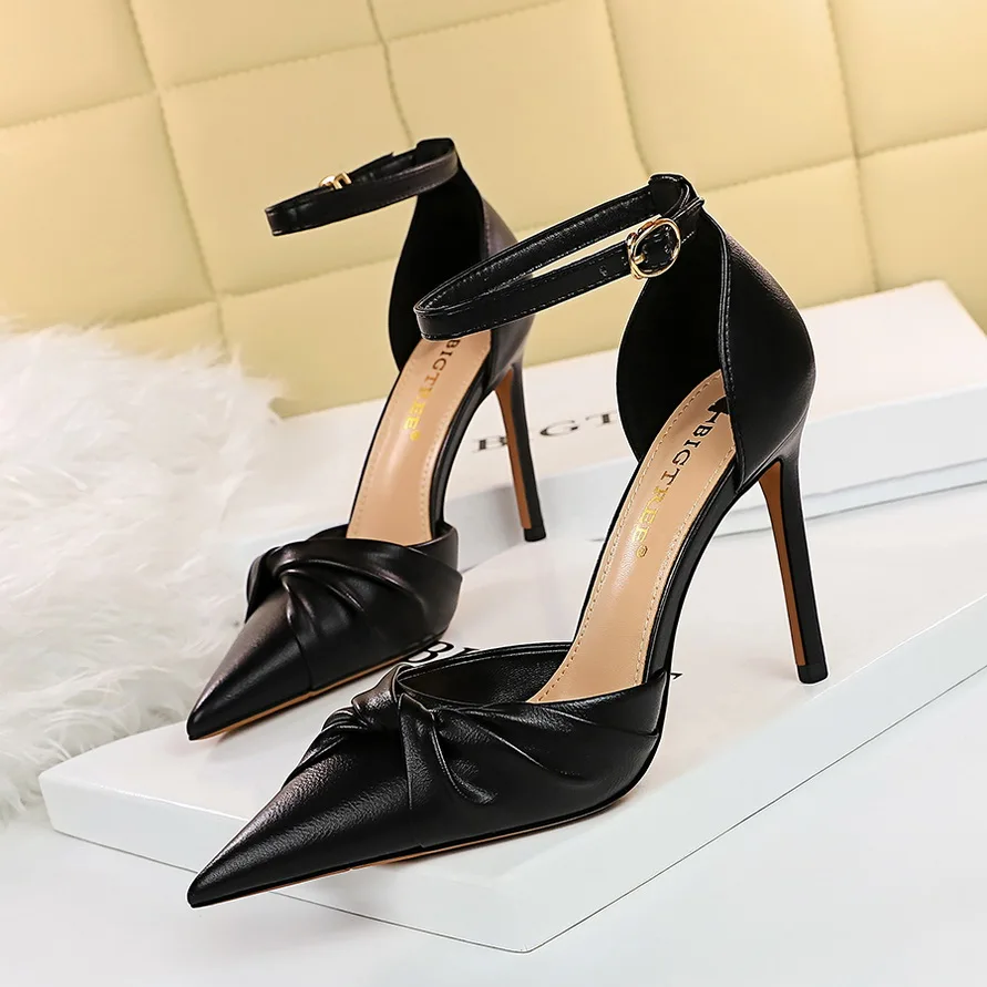 

Summer New Pointed Sandals Women Fine Heel Bow Wrap Toe Sandals Shallow High Heels Female Single Shoes Designer Shoes Pump Party