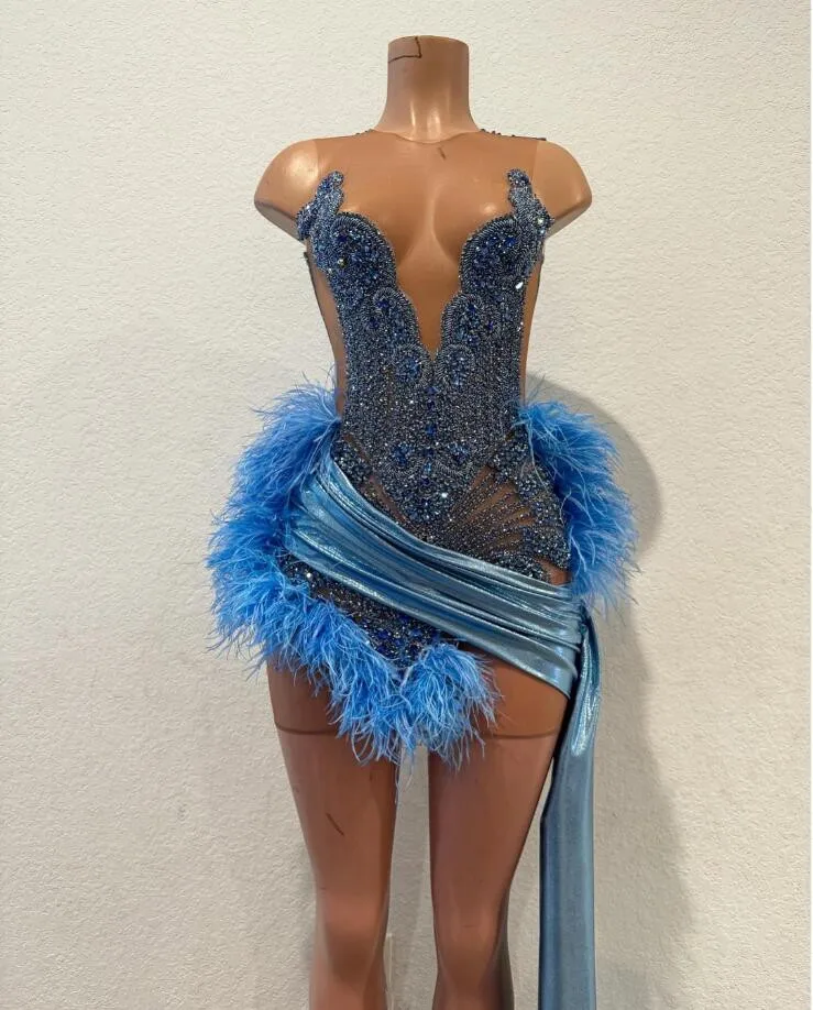 

Sky Blue Short Prom Homecoming Dresses Sparkly Diamond Crystal Ostrich Feather Birthday Cocktail Gown vestidos de gala mujer