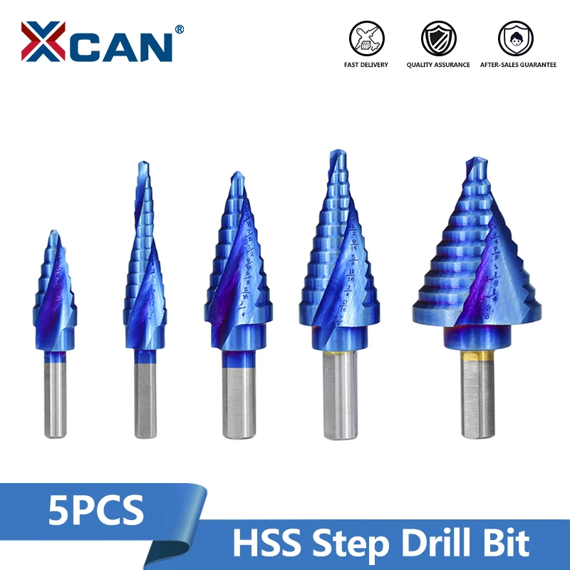 XCAN Step Drill Bit 5pcs Spiral Groove Inch Step Cone Drill Nano Blue Coated HSS Wood Metal Hole Cutter