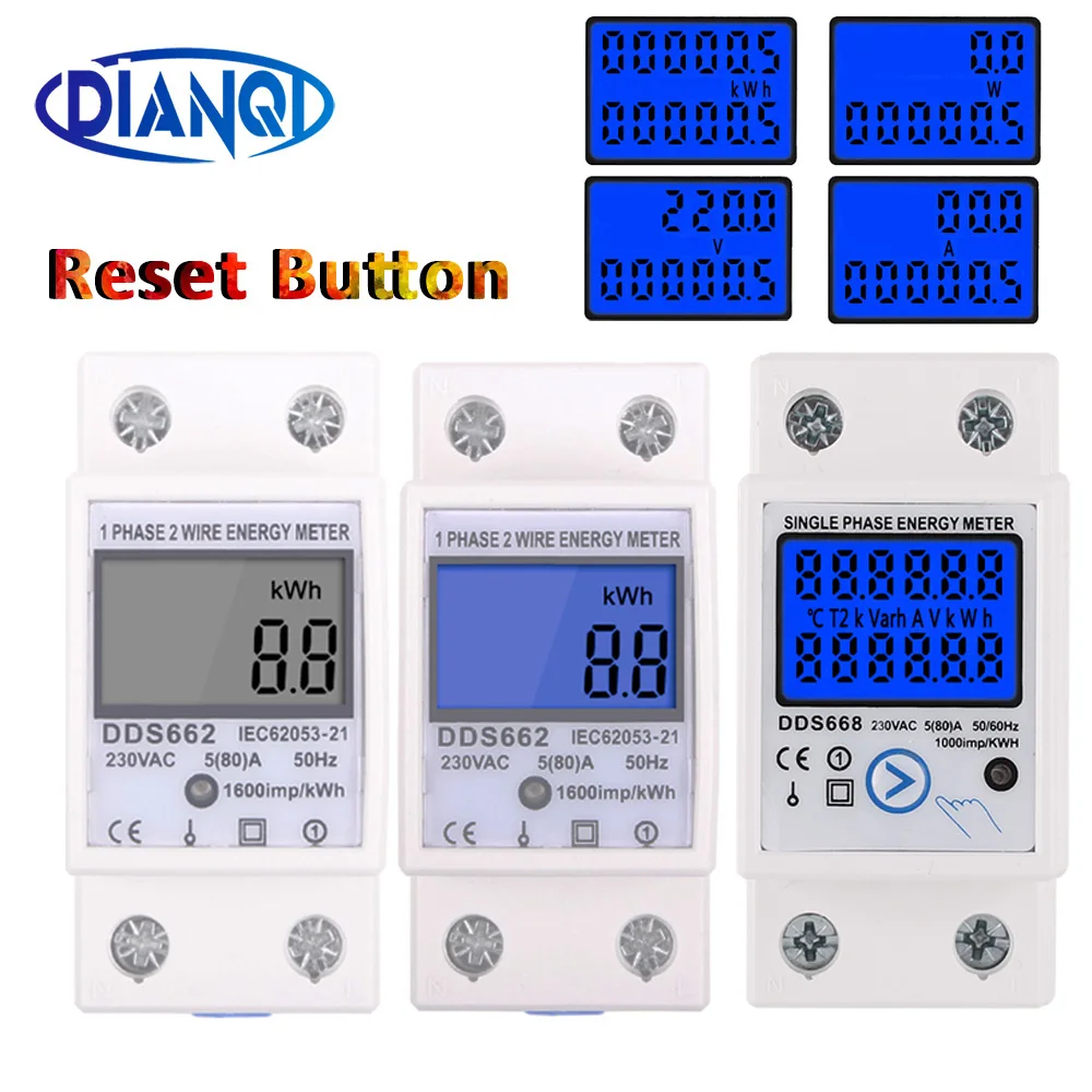 Con Pulsante Di Ripristino Display Digitale Lcd Monofase Wattmetro Consumo Energetico Contatore Elettrico Di Energia Kwh 230V Guida Din Elettrica