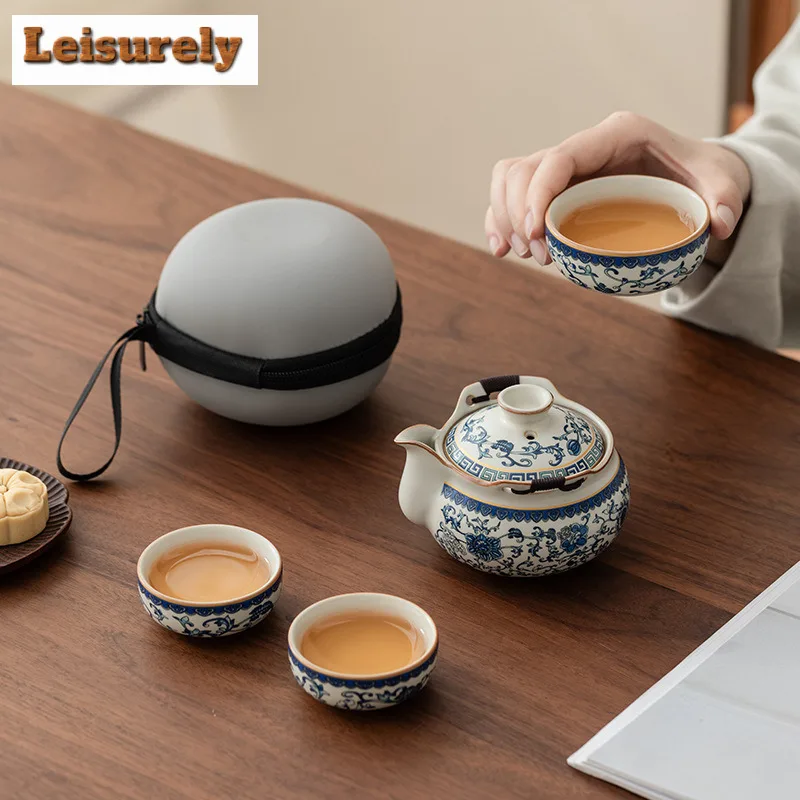 Ru Kiln Blue And White Rice Yellow Travel Tea Set Kit Japanese 1 Pot 3 Cups Tea Maker Organizer Portable Picnic Stock Bags Gift