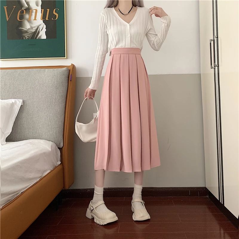 PLAMTEE Mid-Length Pleated Skirts Women S-L 4 Colors New A-Line Fashion High Waist Solid Slim Casual Summer Daily Streetwear OL skirt and top