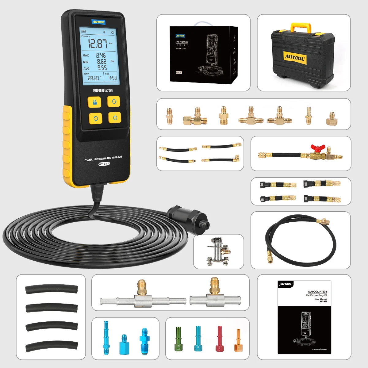 자동차 연료 압력 게이지 테스터 0-426 PSI AUTOOL PT635 오토바이 자동차 트럭용 디지털 디스플레이 진단 도구 키트