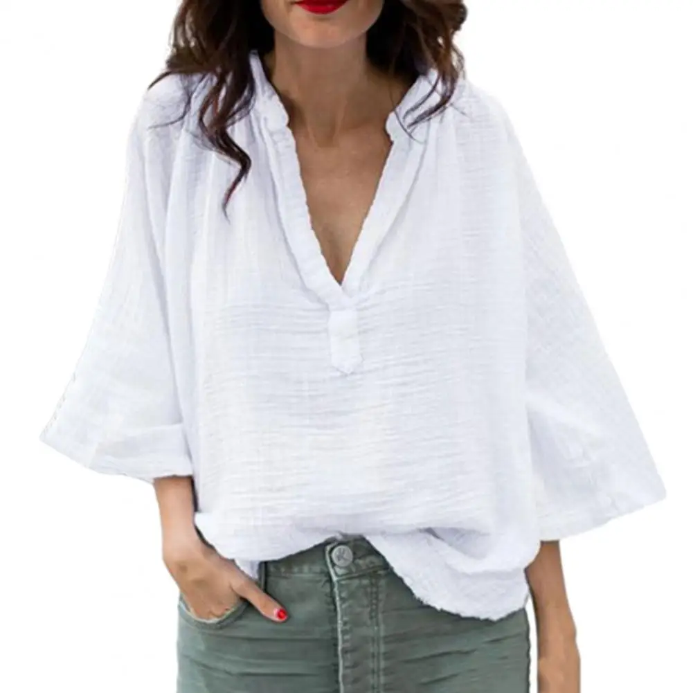 

Women Top Chic Women's Streetwear Loose Fit V-neck Pullover Tops with 3/4 Sleeves in Solid Colors for Autumn Casual Style Casual