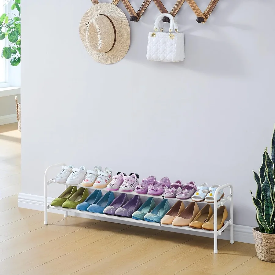 Shoe Rack 2 Tier41.53'' Adjustable Metal Shoe Organizer for Closet Bedroom Entryway Holds Up to 12 Pairs Shoes Expandable White
