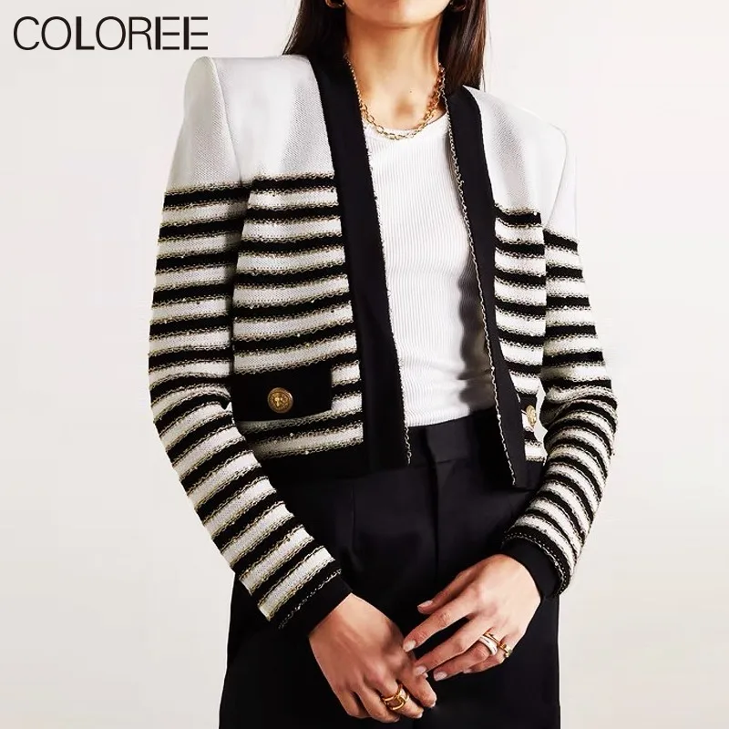 

Runway Designer Tops for Women 2023 Vintage Gold Button Knitted Sweater Mujer Autumn Winter Stipred Cardigans Para Mujer
