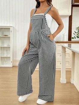 Spring Summer Maternity Pant Suspender Trouser Loose Casual Pregnant Women Lattice Rompers Overalls Wide-Leg Jumpsuit Streetwear