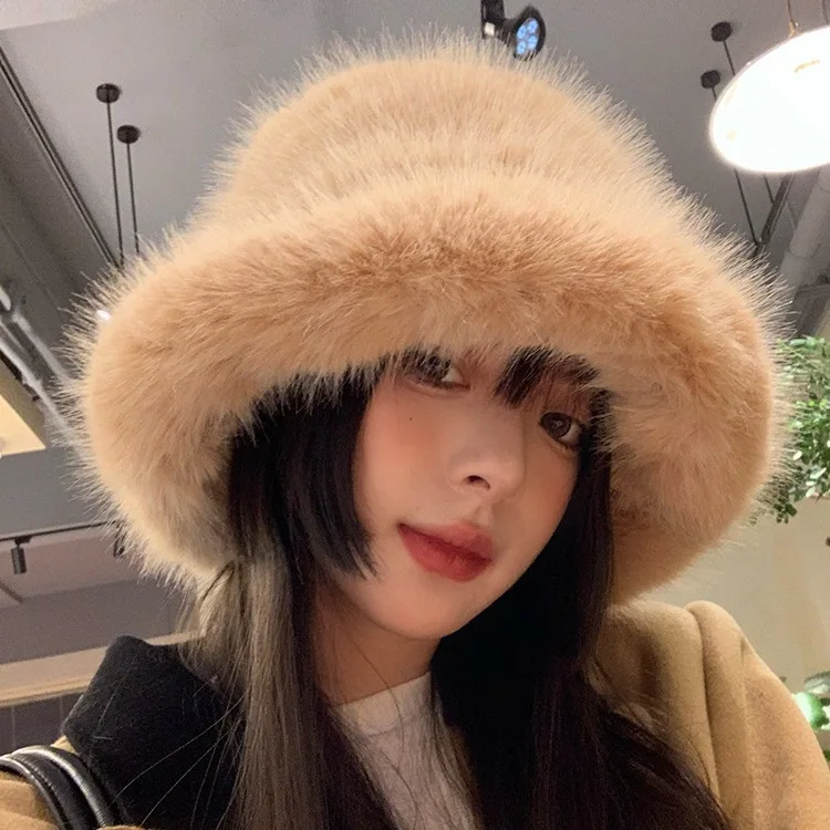 

Luxury Faux Mink Fur Bucket Hat for Women Ins Winter Fluffy Plush Warm Fisherman Hat for High Quality Warm Thicken Beanies Hat