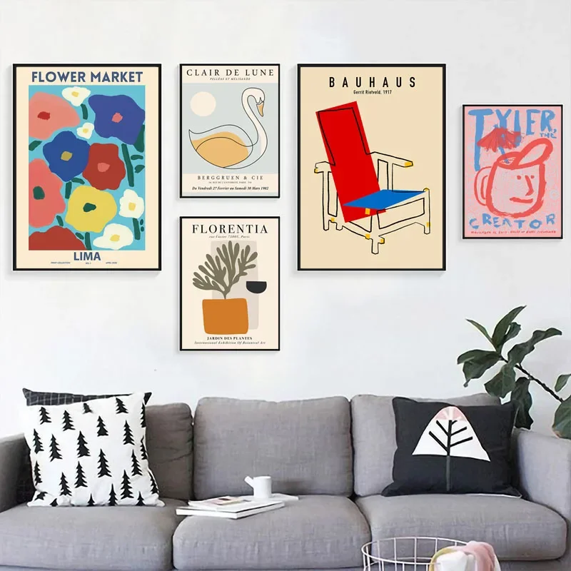 Nordic Abstract Graffiti Wall Art Poster Line Face Chair Swan Flowers Canvas Print Painting Pictures Kids Room Living Home Decor