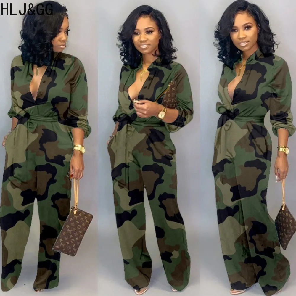 

HLJ&GG Fashion Camouflage Printing Pocket Cargo Pants Jumpsuits Women Button Long Sleeve Slim Playsuits Casual Female Overalls