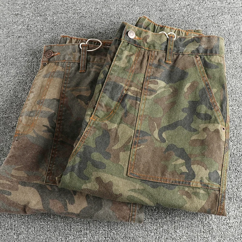 Amikaji Retro Silhouette Loose Straight Leg Casual Pants Men Made Of Pure Cotton Woven Washed Worn Camouflage Workwear Trousers