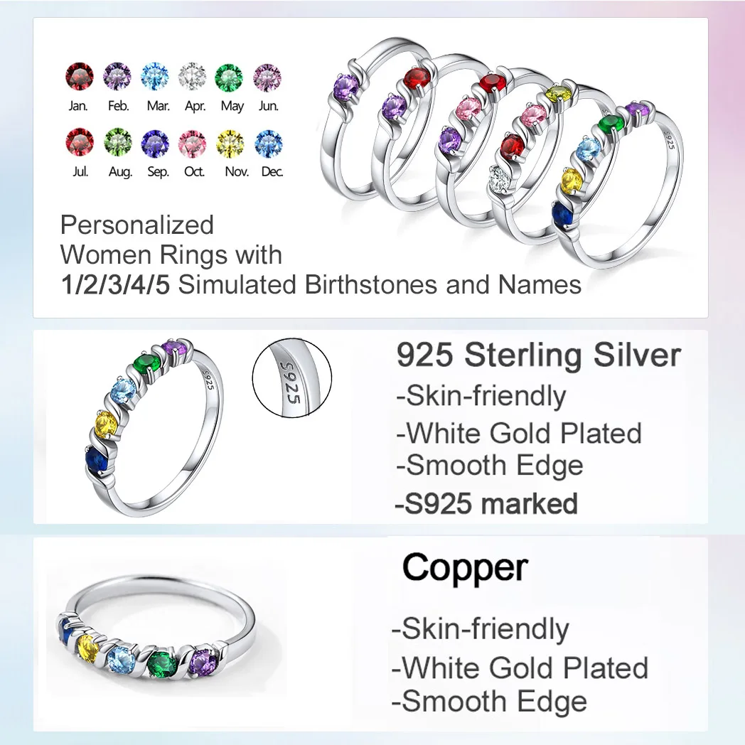 U7 925 Sterling Silver 1-5pcs Birthstones Ring for Woman Promise Engagement Wedding Custom Family Jewelry Gift Mother Grandma