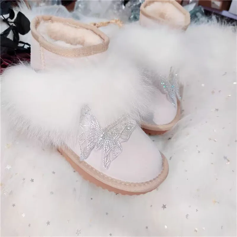 

Rhine-diamond Butterfly decoration hand-made fur one-piece boots Winter plus fleece warm fox fur boots women's plus size 35-44