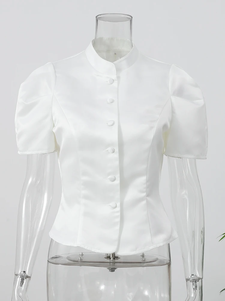 Elegant White Lantern Sleeve Shirt Women's Sexy Solid Stand Collar High Waist Slim Shirts 2026 New Lady Tops Commute Outerwears 5
