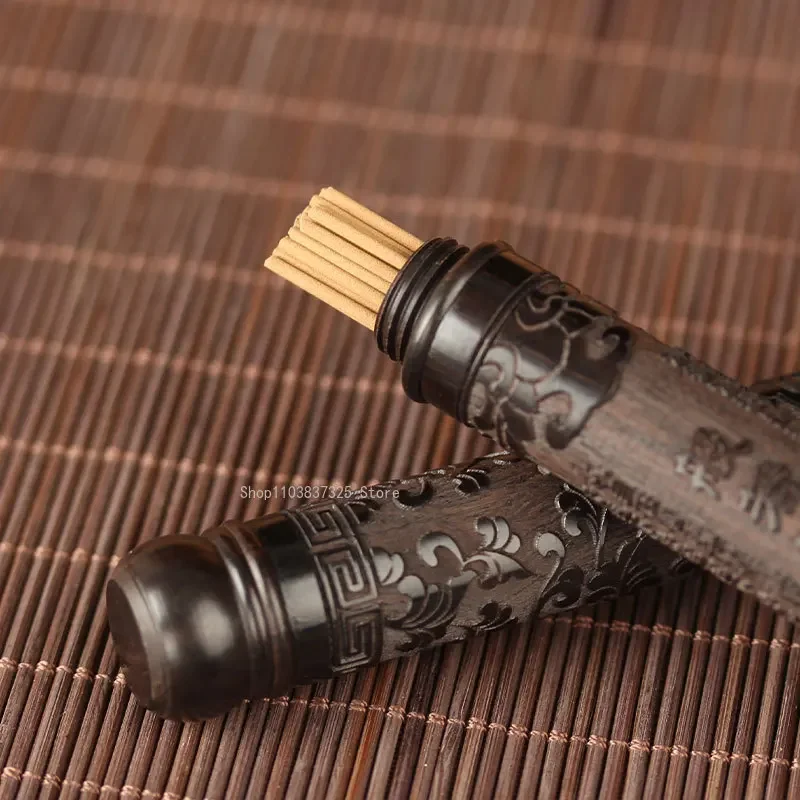 Black Sandalwood Short Style Carving Incense Tube Portable Wooden Joss Stick Box Household Indoor Incense Stick Storage Tools incense holder