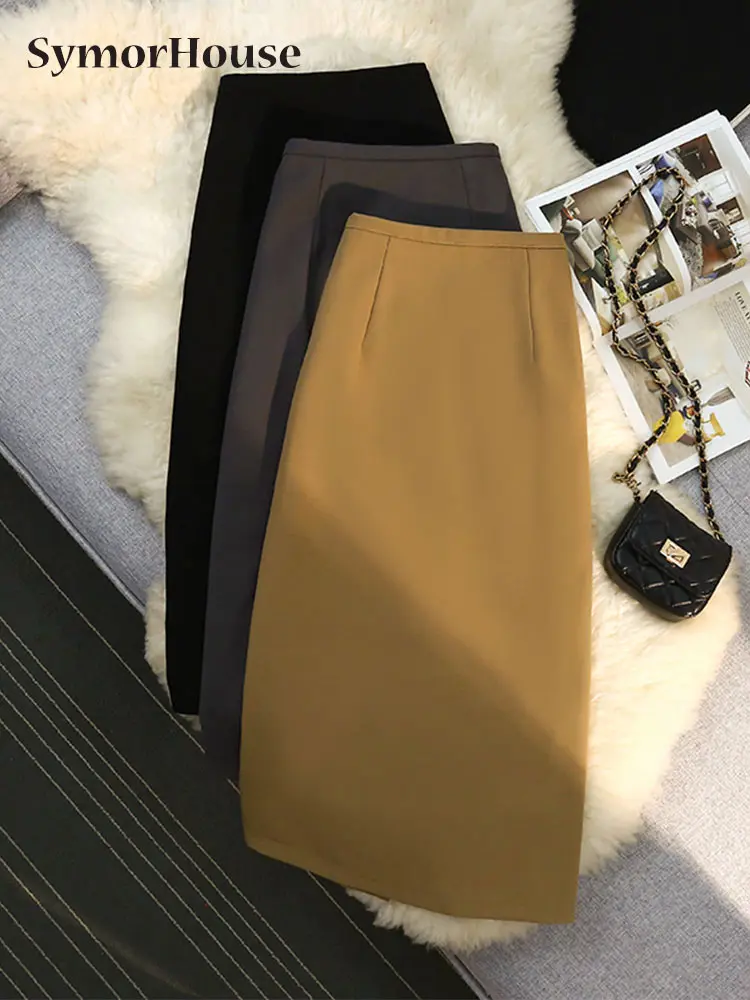 

Spring Summer Autumn Korean Fashion Suit Skirt Women Casual Slim High Waist Office Lady Black A-Line Midi Skirt Female