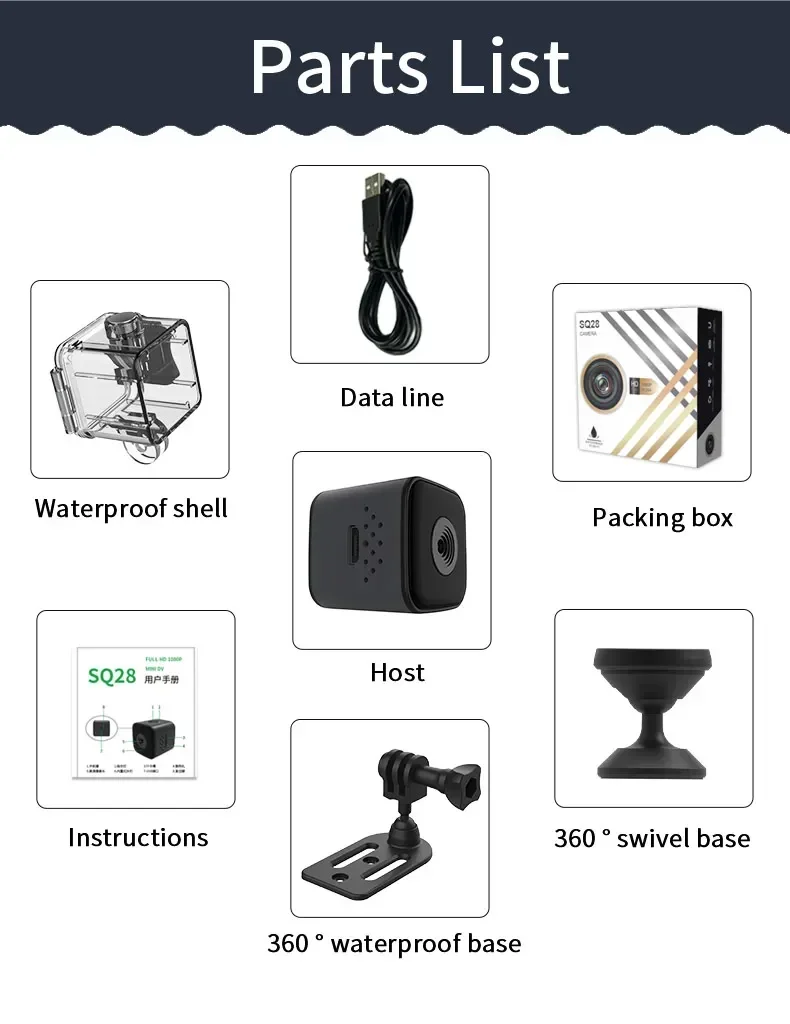 SQ28  1080p Outdoor Waterproof Sports Camera Portable Car Mini DV Camera High Definition Aviation Small Direct Recording Camera 6