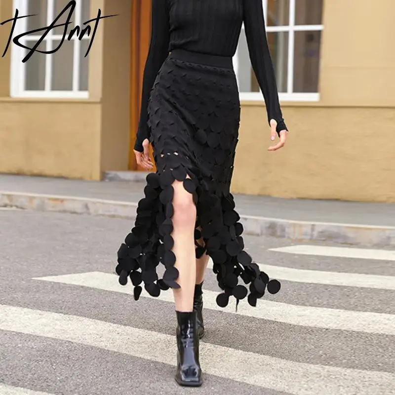 

Tannt Women Skirt Tassels Patchwork Hollow Out Sexy Long Skirts Irregular Fashion Vintage Black Red Autumn And Winter Skirts