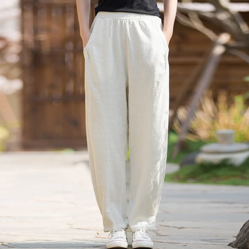 Summer Loose Plus Size Chinese Style Pants Ramie Stitching Casual Trousers Yoga Sand Wash All-match Bloomers for Women