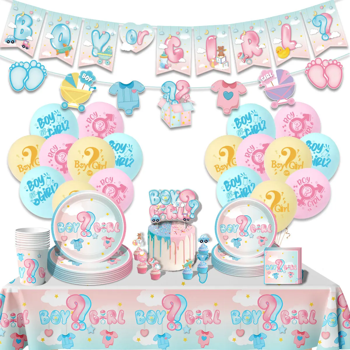 

Gender Reveal Party Supplies Tableware Set Paper Plates Cups Napkins Banner For Baby Shower Girl or Boy Birthday Party Decor