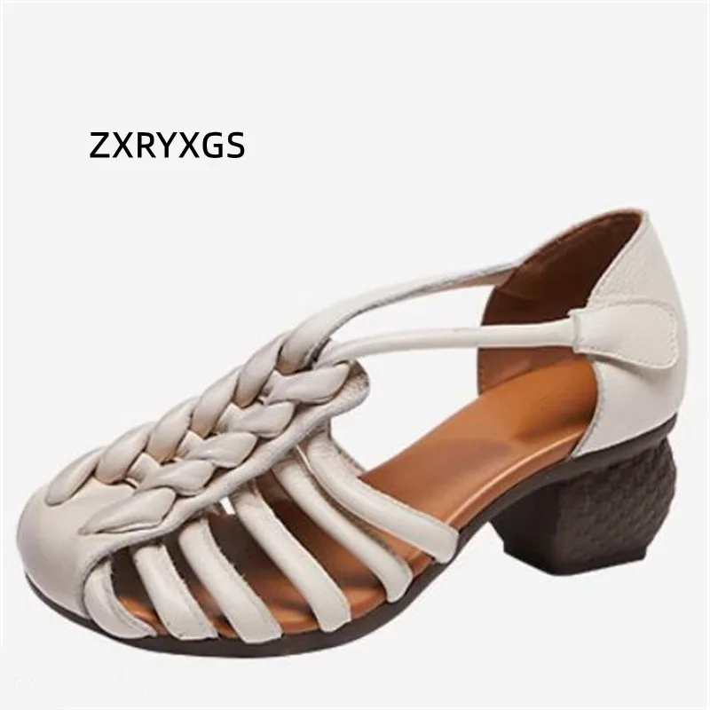 

ZXRYXGS Head Layer Cowhide Weave Hollow Women Leather Sandals 2024 New Summer Round Toe Thick Heel Versatile Comfortable Sandals